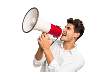 Young caucasian man screaming with a megaphone isolated