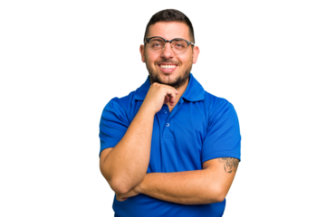 Young caucasian man isolated smiling happy and confident, touching chin with hand.