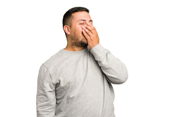 Young caucasian man isolated laughing happy, carefree, natural emotion.