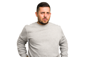 Young caucasian man isolated frowning face in displeasure, keeps arms folded.