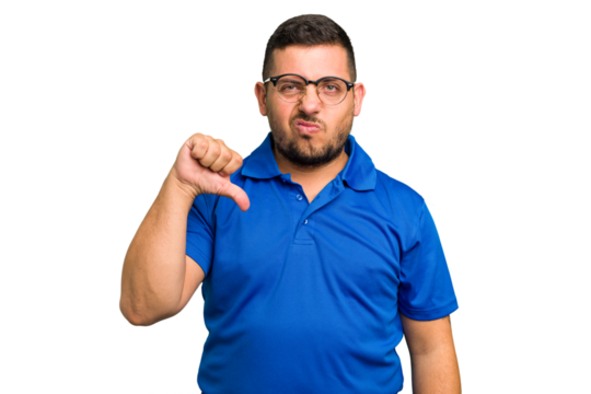 Young caucasian man isolated showing thumb down, disappointment concept.