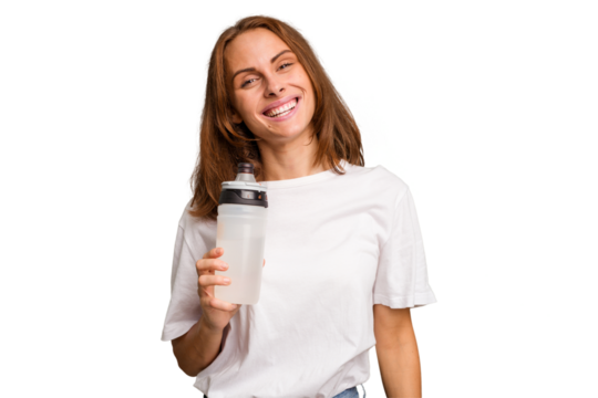 Young caucasian sport woman holding a bottle of water isolated happy, smiling and cheerful.