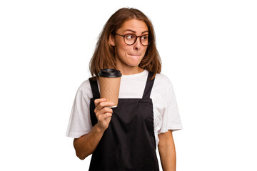 Young caucasian woman holding takeaway coffee isolated confused, feels doubtful and unsure.