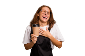 Young caucasian woman holding takeaway coffee isolated laughs out loudly keeping hand on chest.