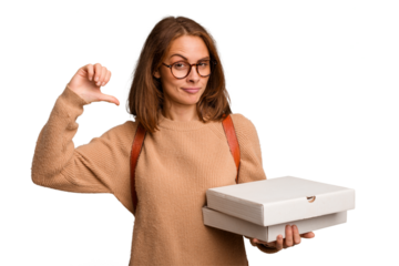 Young student woman holding pizzas isolated feels proud and self confident, example to follow.