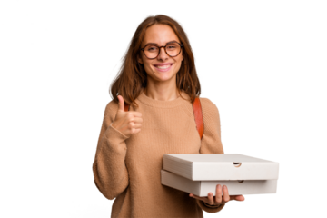 Young student woman holding pizzas isolated smiling and raising thumb up