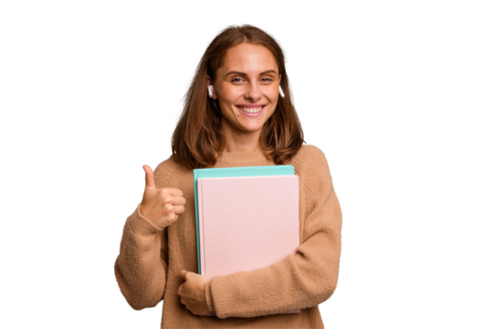 Young student woman holding a books isolated smiling and raising thumb up