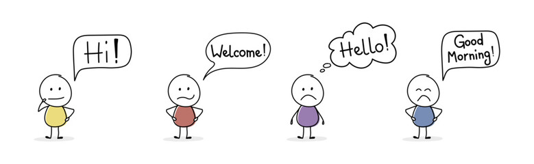 Sad stickman with greeting - welcome, hello, hi, good morning. Vector