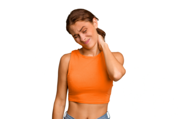 Young caucasian woman isolated suffering neck pain due to sedentary lifestyle.