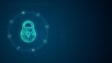 Blue security key with line connection and data transfer to futuristic icon technology on abstract background network security concept