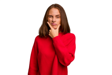 Young caucasian woman isolated contemplating, planning a strategy, thinking about the way of a business.