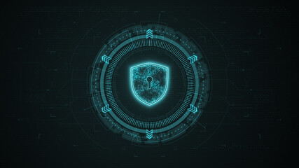 Blue digital security shield logo with rotation HUD UI circle technology interface and futuristic...