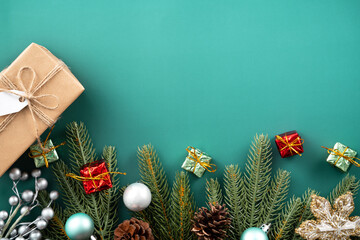 Christmas background design concept with beautiful decors, tree branch and gift box.