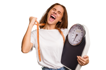 Young nutritionist caucasian woman holding scale and mesure tape isolated
