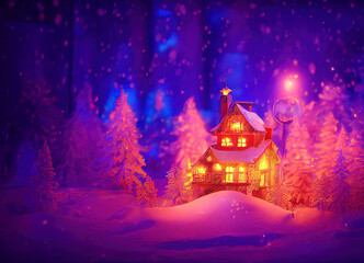 Christmas story landscape, decorative image with a little house in a snowy forest, image for advertising or Christmas background
