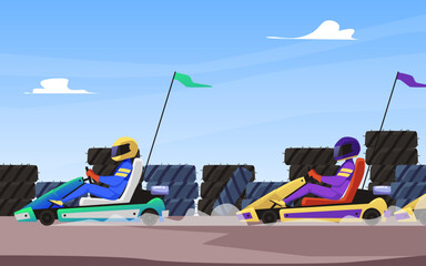 Speed karting race competition scenery backdrop flat vector illustration. - obrazy, fototapety, plakaty