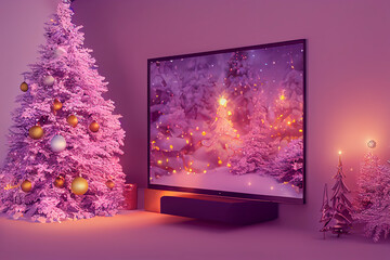 television with Christmas landscape in decorative scene with Christmas tree and gifts. background for christmas advertising