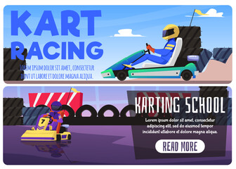 Kart racing and karting competition banners set flat vector illustration. - obrazy, fototapety, plakaty