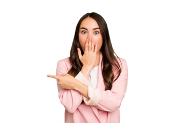 Young caucasian woman isolated on green chroma background pointing to the side
