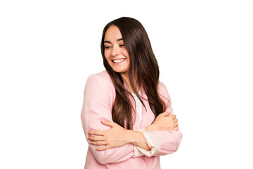 Young caucasian woman isolated on green chroma background smiling confident with crossed arms.