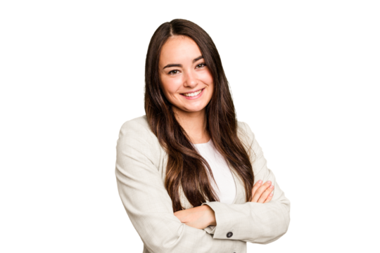 Young caucasian woman isolated on green chroma background who feels confident, crossing arms with determination.