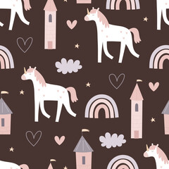 Seamless pattern with cartoon unicorn, castle, decorative elements. Flat style colorful vector illustration for kids. hand drawing. baby design for fabric, textile, print, wrapper.