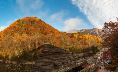 秋の大滝川ダムに映る紅葉の山々と青空,