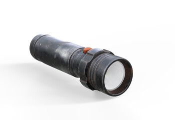 Black metallic flashlight close-up isolated on a white background.