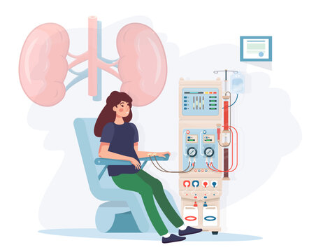 Woman sitting in chair on hemodialysis therapy.  Hemodialysis equipment machine for treatment renal diseases failure. Cleansing and transfusion of blood through dialysis machine. Flat vector 