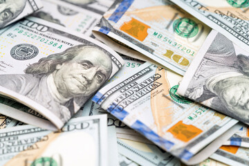 Heap of a dollar banknotes. Money background. American cash. Currency. Finance, payment, trade, financial transactions concepts
