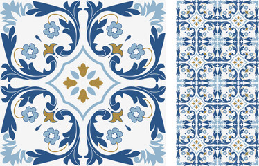 Seamless Azulejo tile. Portuguese and Spain decor. Ceramic tile. Seamless Floral pattern. Vector hand drawn illustration, typical portuguese and spanish tile