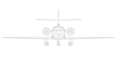 Passenger aircraft wireframe from black lines isolated on white background. Front view. 3D. Vector illustration.