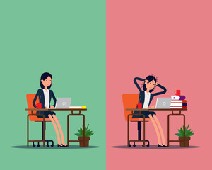 Tired worried work and good job. Vector illustration office business concept