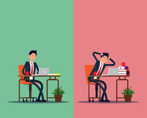 Tired worried work and good job. Vector illustration office business concept