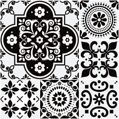 Azulejo tiles seamless vector pattern set - different tile size, traditional design collection inspired by Portuguese and Spanish ornaments in black and white
 - obrazy, fototapety, plakaty