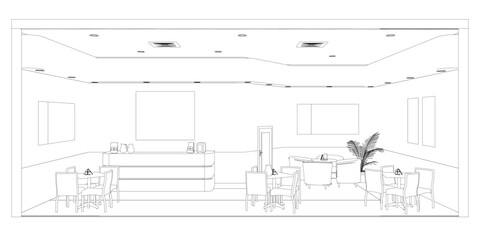 The contour of the cafe premises with tables and reception from black lines isolated on a white background. Front view. 3D. Vector illustration.