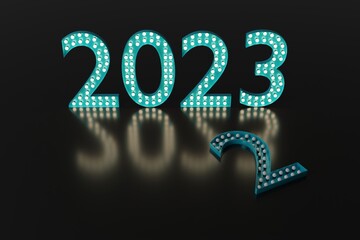 2023 blue inscription with two sign of glowing bulbs on a dark background, cyan sign, showcase, end of 2022, 3d rendering