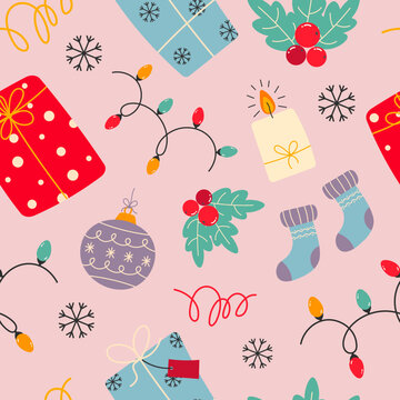 Cute seamless Christmas winter pattern with gifts, sock garland and snowflakes. Great for wrapping paper, greeting cards, scrapbook and packaging. Merry Christmas!