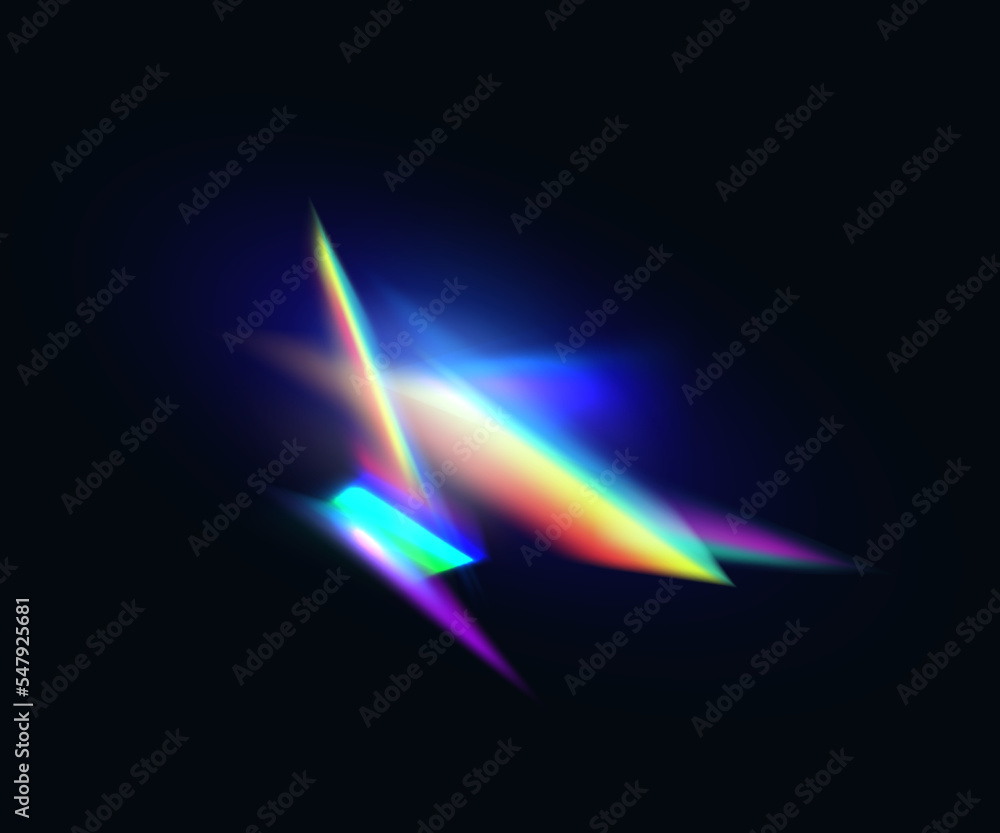Poster 3d gem shining iridescent glare. crystal rainbow lights effect, bright ray or beam glowing light. le