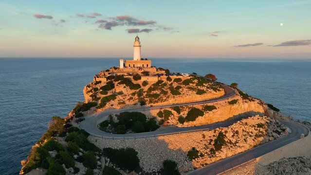 Aerial view of Mallorca. Balearic Islands. lighthouse Faro de Formentor, located in Cap de Formentor on the top of a cliff
