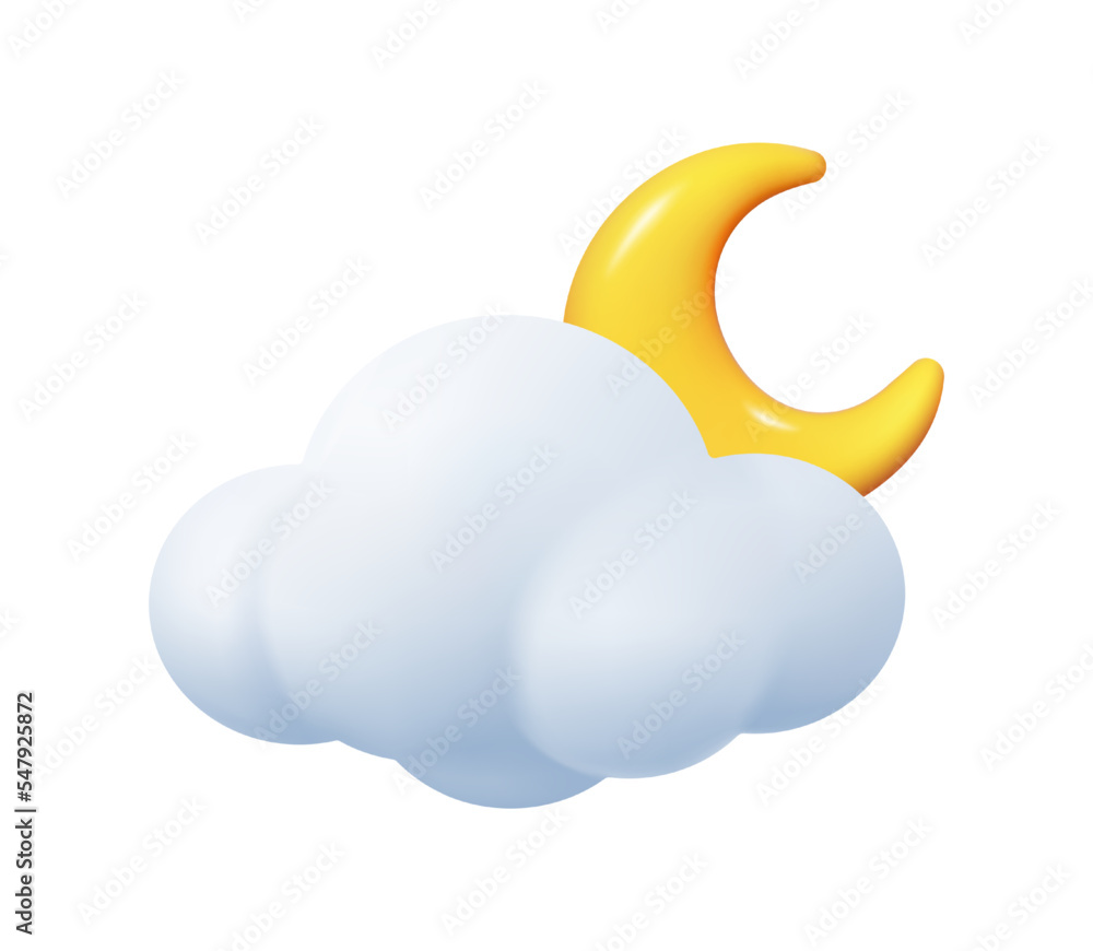 Poster Cloudy night, isolated weather forecast icon. Crescent moon and cloud, meteorology and meteorological conditions. Vector in three dimensional 3d, realistic style