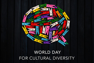 World Day for Cultural diversity theme made with colorful wood objects making speech bubble design