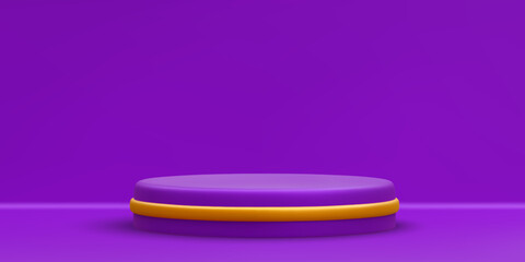 3d realistic purple round podium. Scene and platform with gold circle on light background. Design pedestal for award and winner. Vector illustration