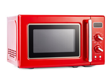 Modern red microwave oven for cooking food isolated on white background with clipping path