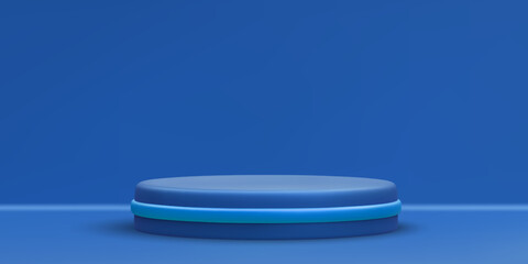3d realistic blue round podium. Scene and platform on light background. Design pedestal for award and winner. Vector illustration
