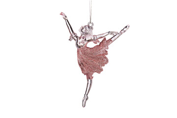 Ballerina toy, crystal ballet dancer figurine isolated on white background. Christmas tree ornament.