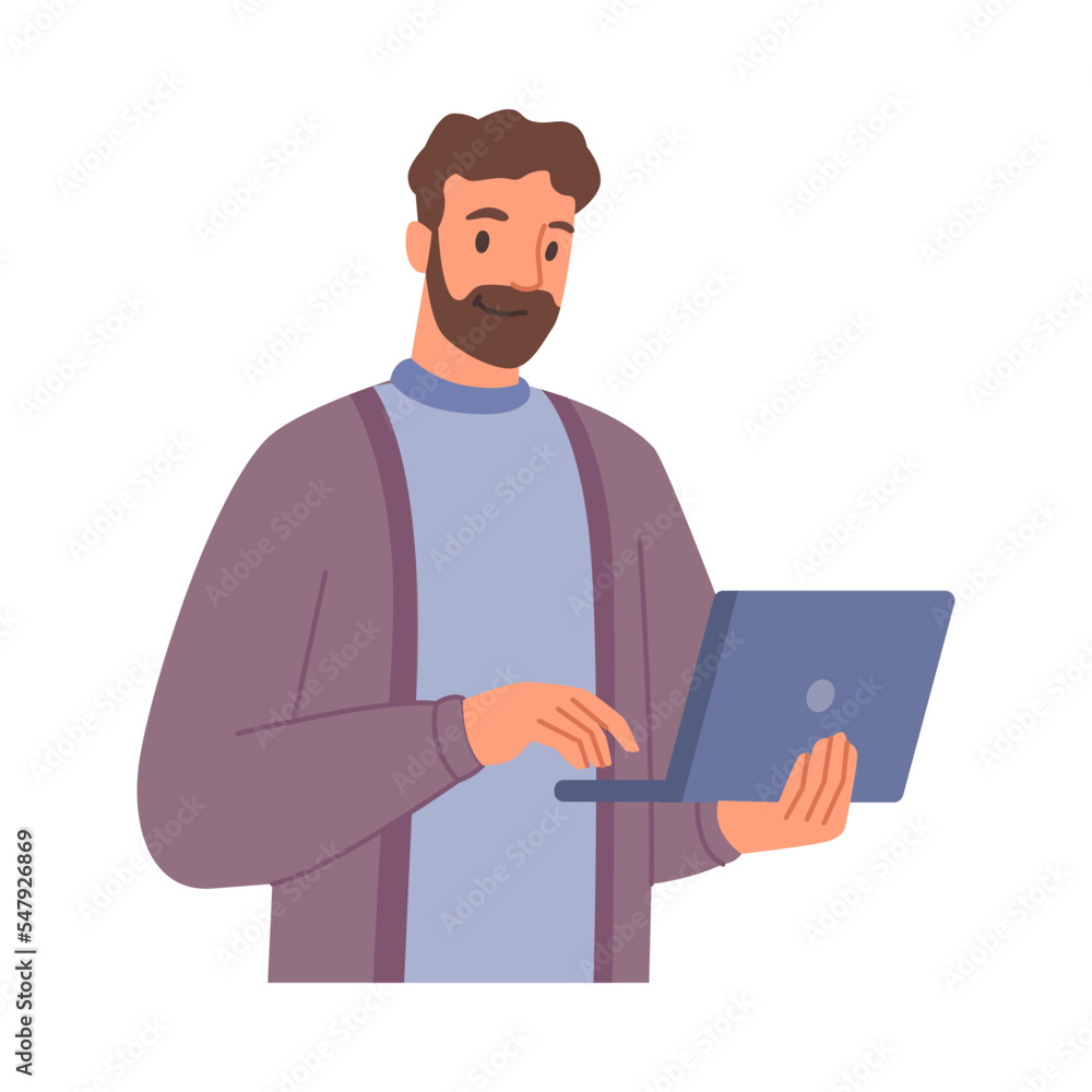 Leinwandbilder Employee with laptop working on business project. Isolated man with personal computer developing website, boss or director. Flat cartoon character, vector in flat style