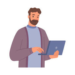 Employee with laptop working on business project. Isolated man with personal computer developing website, boss or director. Flat cartoon character, vector in flat style