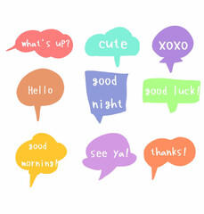 colorful set hand drawn doodle speech bubbles of what's up, cute, xoxo, hello, good night, good luck, good morning, see ya, thanks. vector design illustration