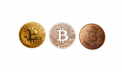 Bitcoin (BTC) obverse, cryptocurrency, gold coin white background. Blockchain payment system.